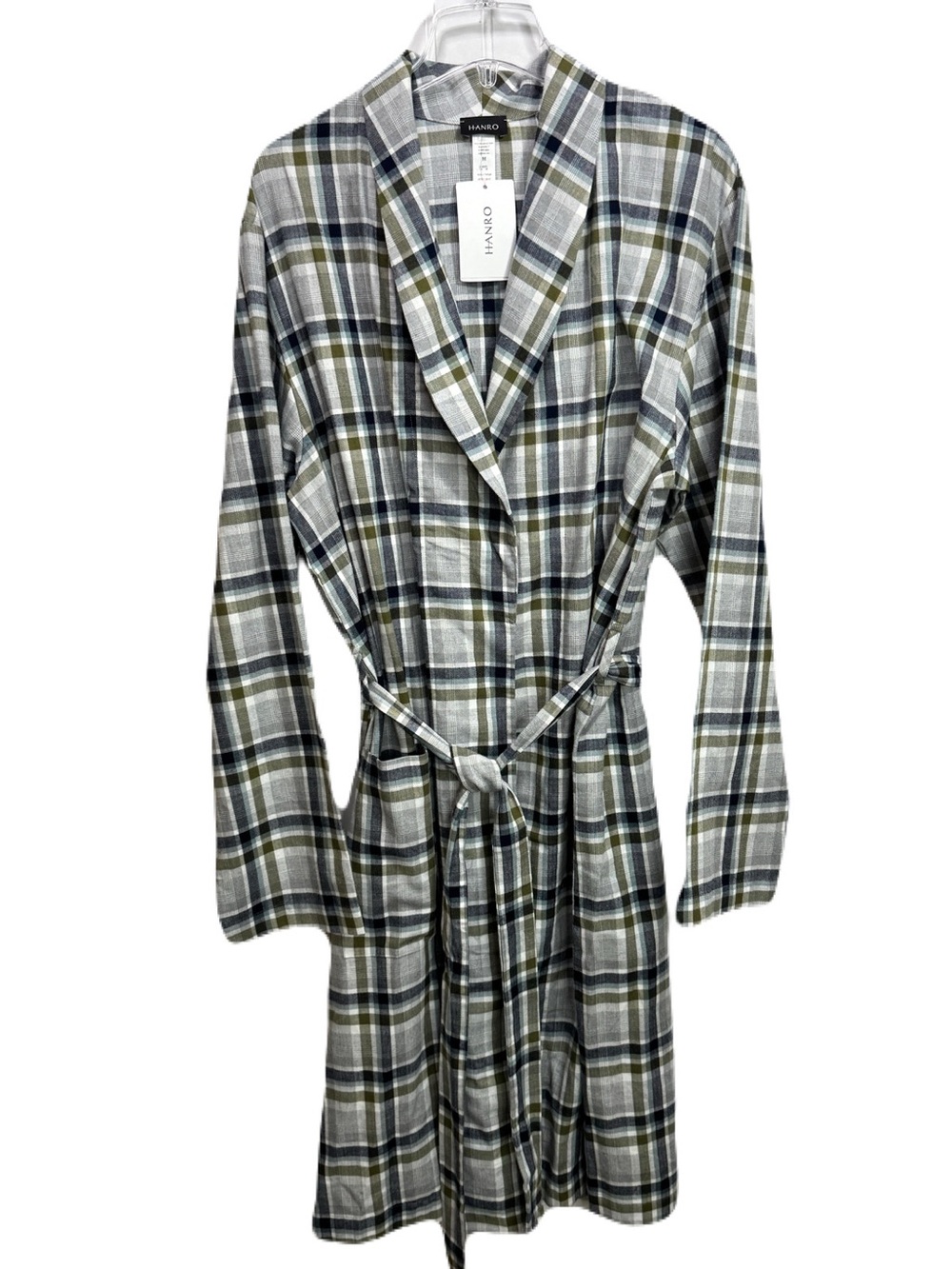 New HANRO Robe Men Medium Blue Green Plaid Flannel Belted 100% Cotton Soft Light